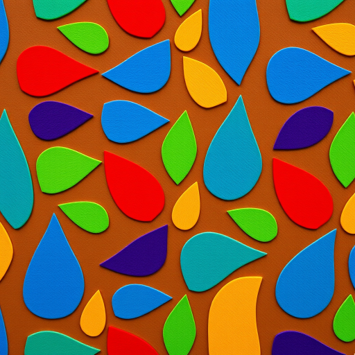 Regenerate a vibrant abstract pattern featuring colorful teardrop shapes in red, blue, and green on a brown background, captured with a Canon EOS R5, 50mm lens, aperture f/4, ISO 100, and a top-down view to enhance detail and texture.