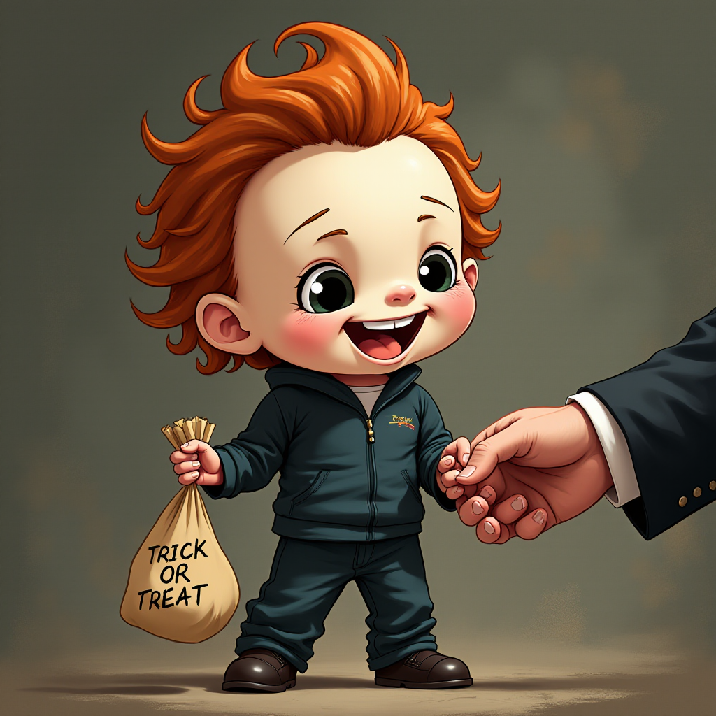 A whimsical caricature of a child version of Michael Myers, grinning mischievously. He is held by the hand of an unrecognizable person (only their hand visible), while holding a bag labeled 'Trick or Treat.' His facial expression is playful yet slightly menacing, reflecting his iconic figure. The scene is in portrait format with a Halloween theme, featuring exaggerated cartoon details like big eyes, a small body, and a creepy yet light-hearted tone.