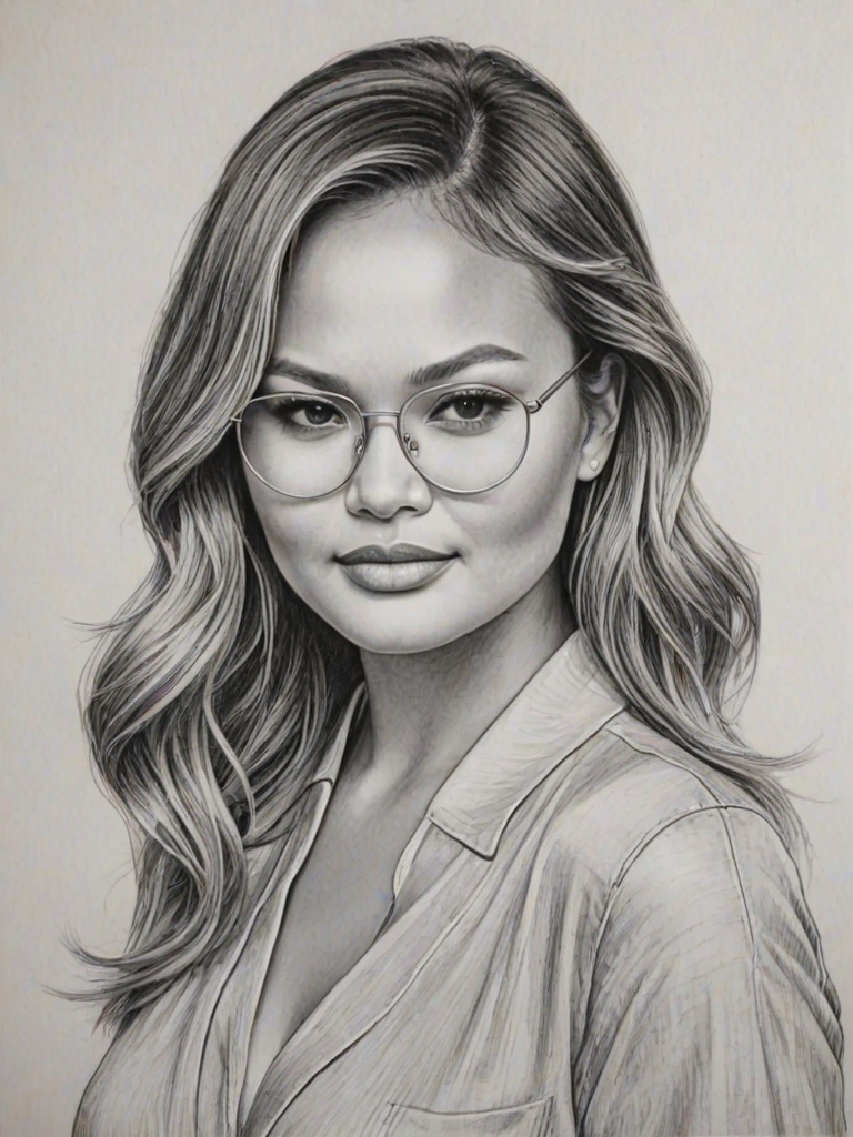 Gorgeous Chrissy Teigen, pencil sketch, portrait of Dazzling woman 1970s in glasses, hair style beatnik, outline, clear lines, fine lines, 8k