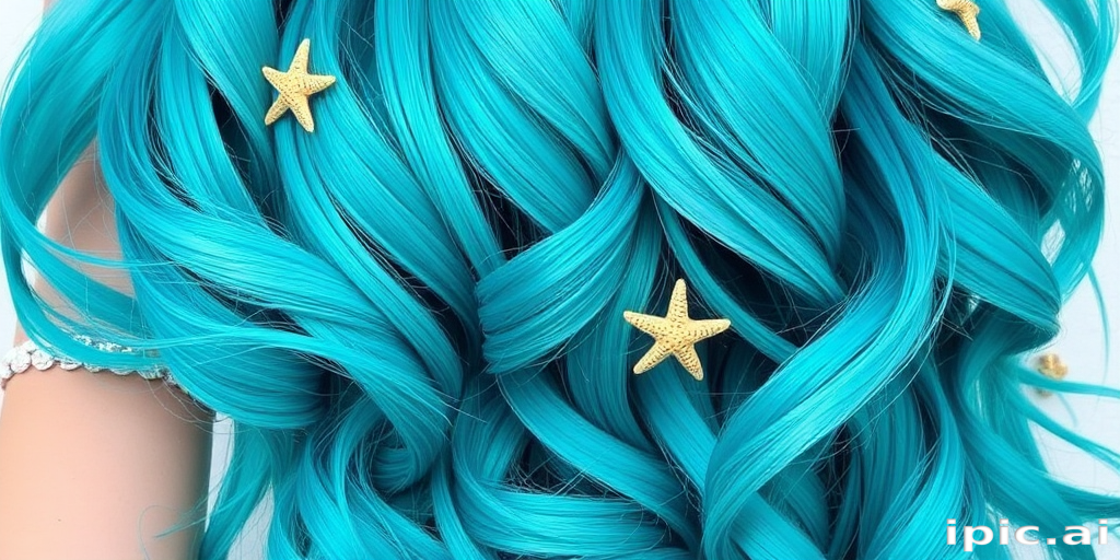 Vibrant teal mermaid waves cascade down to the waist, shimmering with iridescent highlights and adorned with tiny starfish clips, creating an enchanting oceanic allure named Aquamarine Dream