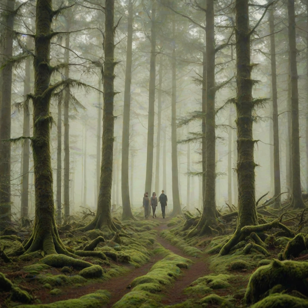 Softly lit image of a couple walking through a misty forest, the fog creating a dreamy, ethereal atmosphere, with the muted greens of moss-covered trees surrounding them.