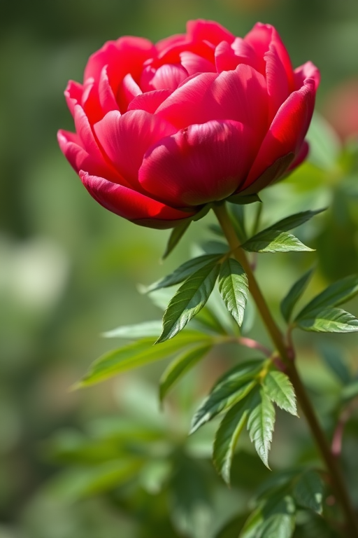 Generate a high-resolution image of a blooming red peony with detailed green leaves in a soft-focus background; use a DSLR camera with a 50mm lens at f/2.8 for shallow depth of field, ISO 100, and natural light to create vibrant colors and sharp details.
