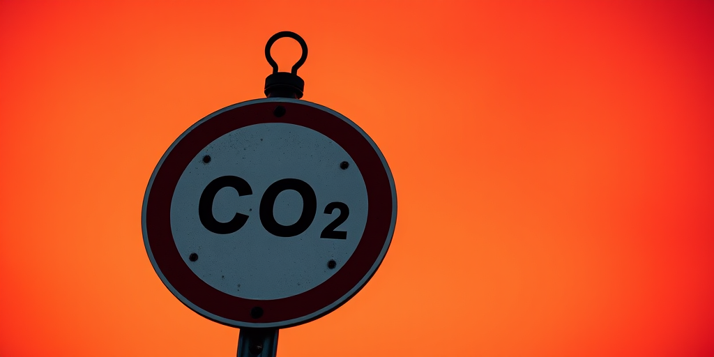 Create an image of a CO2 warning sign with a vibrant orange gradient background, using a DSLR camera with a 50mm lens, aperture set to f/1.8, ISO 100, shot in manual mode from a low angle to enhance foreground detail and depth of field.