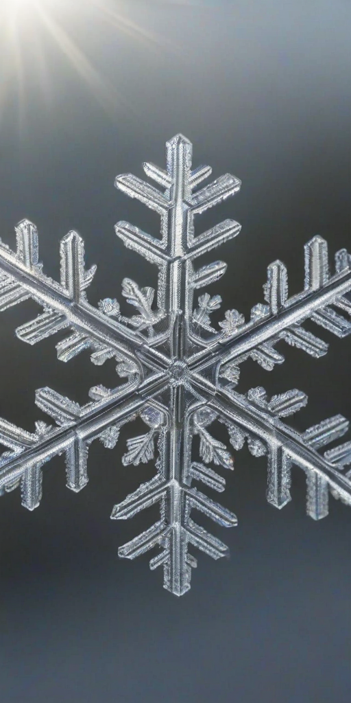 Sharp, detailed close-up of a snowflake resting on a windowpane, soft light reflecting off its delicate crystalline structure, tiny details of the frost surrounding it, and the cold, crisp air outside contrasting with the warmth inside.
