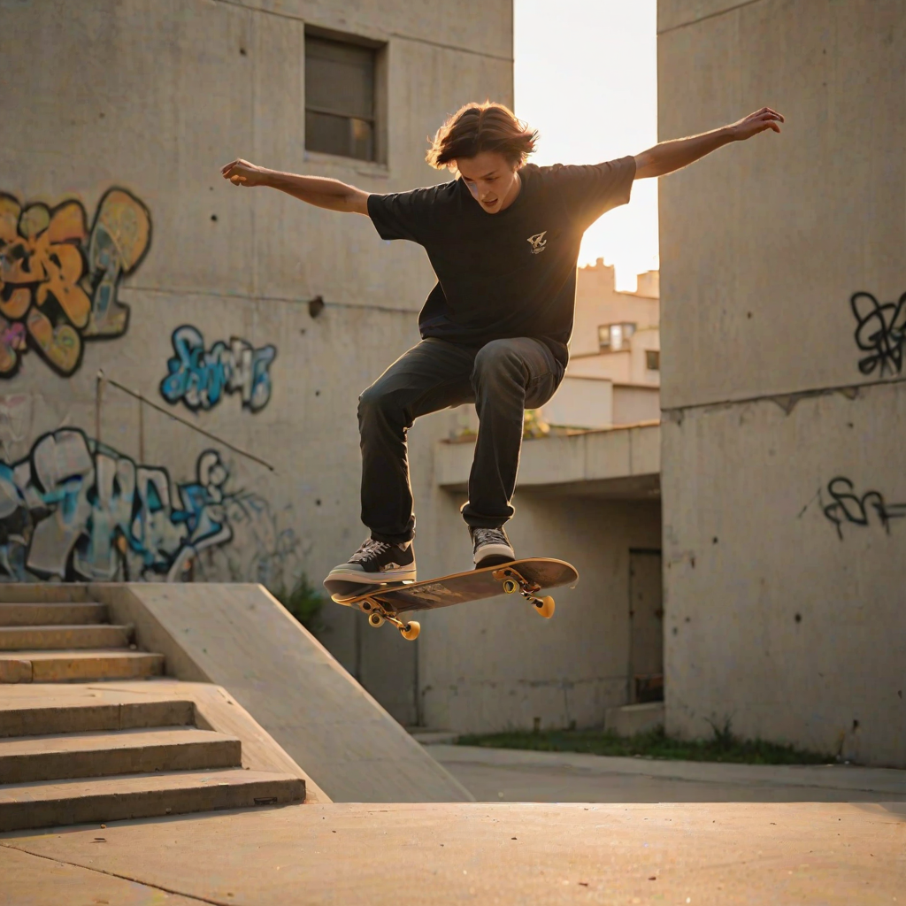 Blurry action shot of a skateboarder performing a flip trick over a stair set, urban graffiti on the walls behind him, and warm evening light casting a soft glow over the concrete.