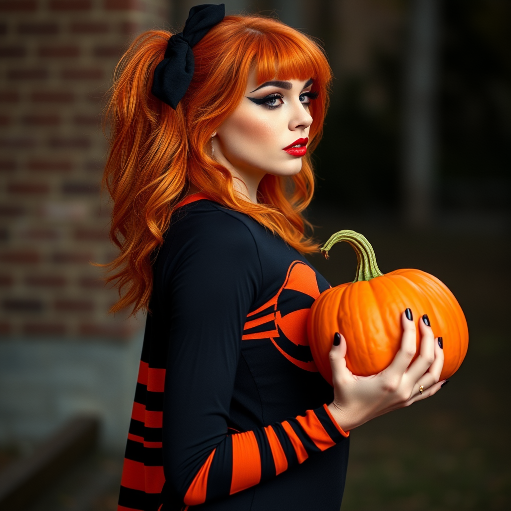 beautiful woman in orange and black Halloween colors, stripes. striking. pumpkin on shirt. I'm orange hair. full body. side shot holding pumpkin