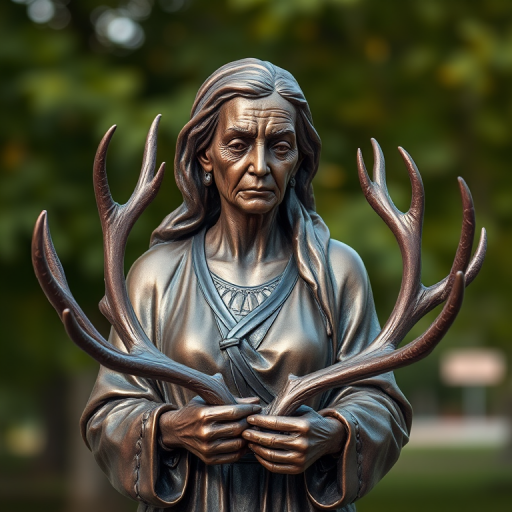 Create a high-resolution image of a bronze sculpture of an elderly woman holding large antlers, captured with a DSLR camera at f/2.8 aperture, ISO 100, 50mm lens, with a shallow depth of field and natural lighting, focusing on intricate details and textures.