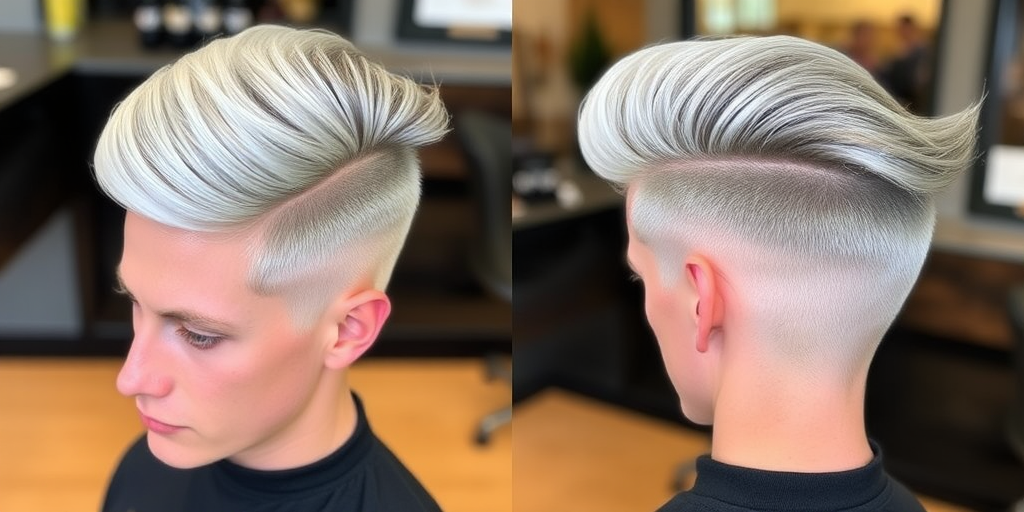 Sophisticated Silver Fox Pompadour showcasing a blend of natural gray and platinum tones, styled into a sleek and voluminous quiff for a timeless and distinguished look