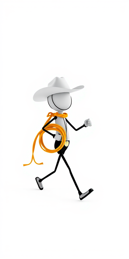 create an image of a 3D stick figure character wearing a cowboy hat and holding a lasso while walking on a plain white background, using a DSLR camera with a 50mm lens, aperture set at f/2.8, ISO 100, and high dynamic range settings to enhance the image quality and depth.