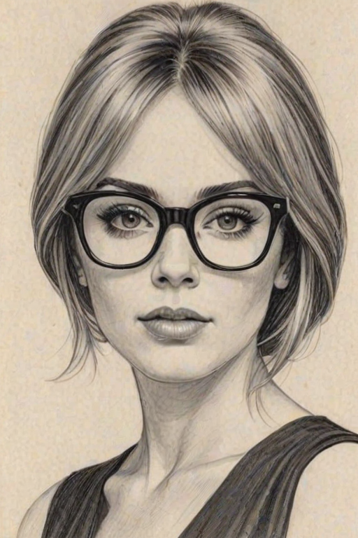 Dazzling Andrea Bowen, pencil sketch, portrait of Appealing woman 1962s in glasses, hair style beatnik, outline, clear lines, fine lines, 8k