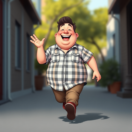 Create a vibrant cartoon-style image of a cheerful, plump man in a checkered shirt joyfully walking and bouncing, shot with a DSLR camera at 50mm lens, f/2.8 aperture, ISO 100, natural lighting, and wide-angle view for enhanced details and clarity.