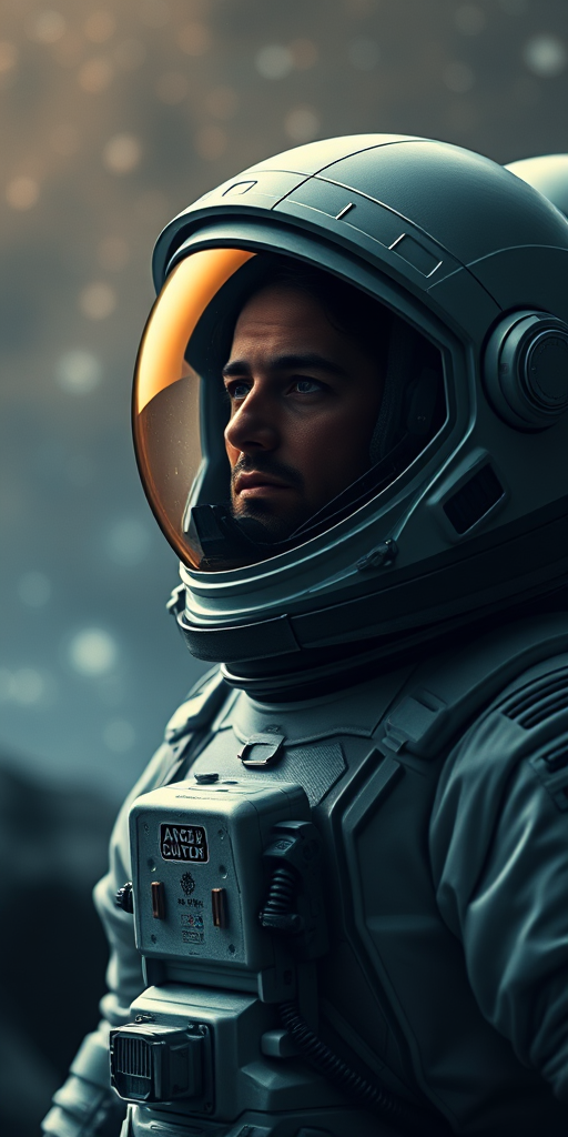 A highly detailed astronaut in a spacesuit with a gold visor, standing against a subtle cosmic background, captured with a DSLR camera at f/2.8, ISO 100, 1/100s, with a portrait lens, in a shallow depth of field for a cinematic effect.