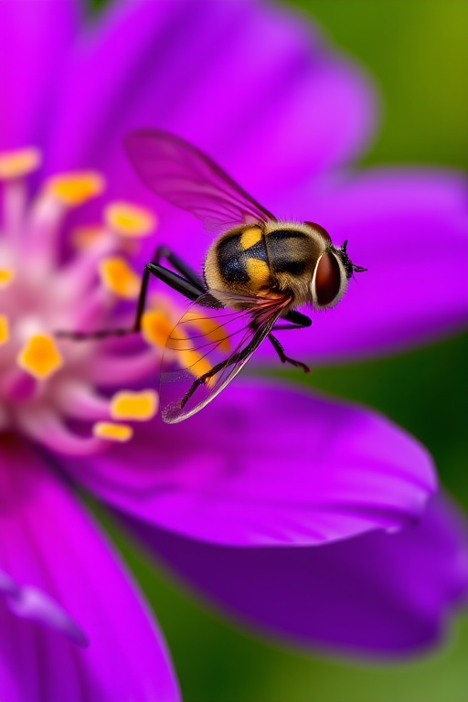 macro shot of a striped hoverfly perched on a vibrant purple flower, shallow depth of field, ISO 100, f/2.8 aperture, 1/200s shutter speed, shot with a DSLR camera, 100mm macro lens, natural lighting.