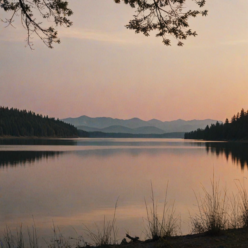 Soft-focus image of a peaceful lake at dusk, soft golden light from the setting sun reflecting off the water, with distant trees and mountains silhouetted against the evening sky.