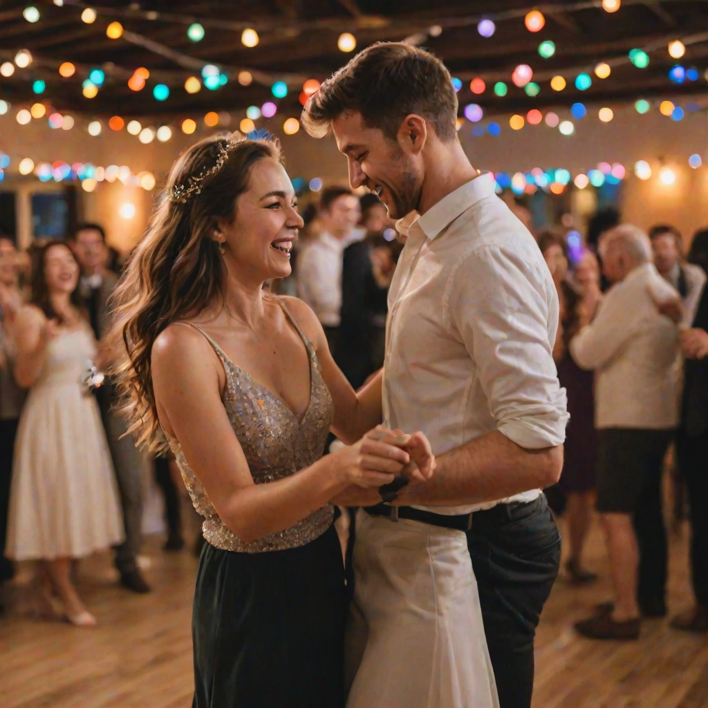 Blurry action shot of a young couple dancing joyfully at a wedding reception, colorful lights twinkling overhead, with guests softly blurred in the background.