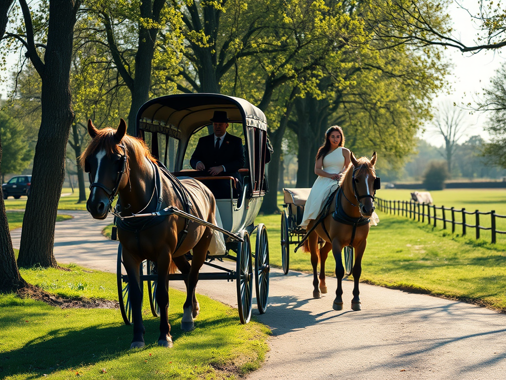 Create an image of a vintage horse-drawn carriage with two passengers elegantly dressed, traveling along a tree-lined path in a serene landscape, captured with a DSLR camera at f/4 aperture, ISO 100, 1/250 sec shutter speed, with a medium-wide angle lens to enhance depth and clarity.