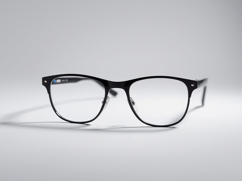 Regenerate an image of stylish black eyeglasses on a plain background, using a DSLR camera with a 50mm lens, aperture f/2.8, ISO 100, 1/125s shutter speed, in a studio lighting setup to enhance reflections and clarity.