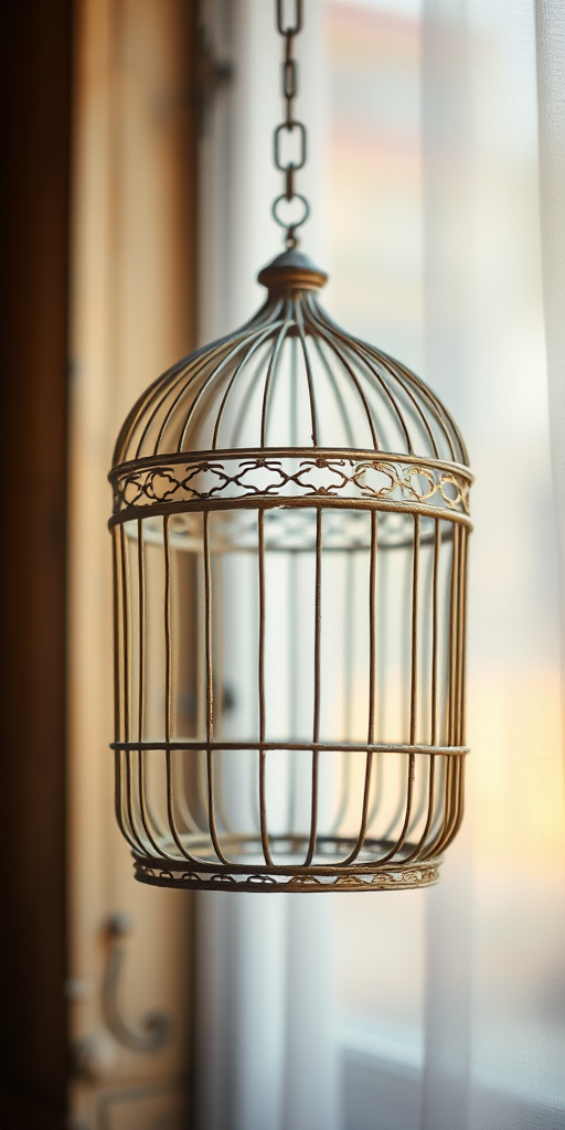 Regenerate an image of an ornate vintage birdcage hanging from a chain, captured with a DSLR camera at f/2.8, ISO 100, shutter speed 1/200 sec, with a soft focus background and warm lighting, shot from a slightly low angle to emphasize the cage's design.