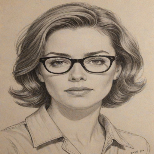 Superb Christa Miller, pencil sketch, portrait of Magnificent woman 1947s in glasses, hair style beatnik, outline, clear lines, fine lines, 8k