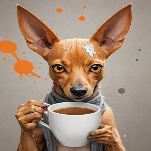 A quirky, artistic illustration of a disheveled cirneco delletna with exaggerated, large eyes and spiky fur, holding a coffee mug that reads "Good Morning". The dog has a tired but humorous expression, with ink splatters and abstract details surrounding it, giving a whimsical feel to the image. The color palette is mostly monochrome with hints of orange in the eyes and steam rising from the mug, enhancing the overall sleepy vibe