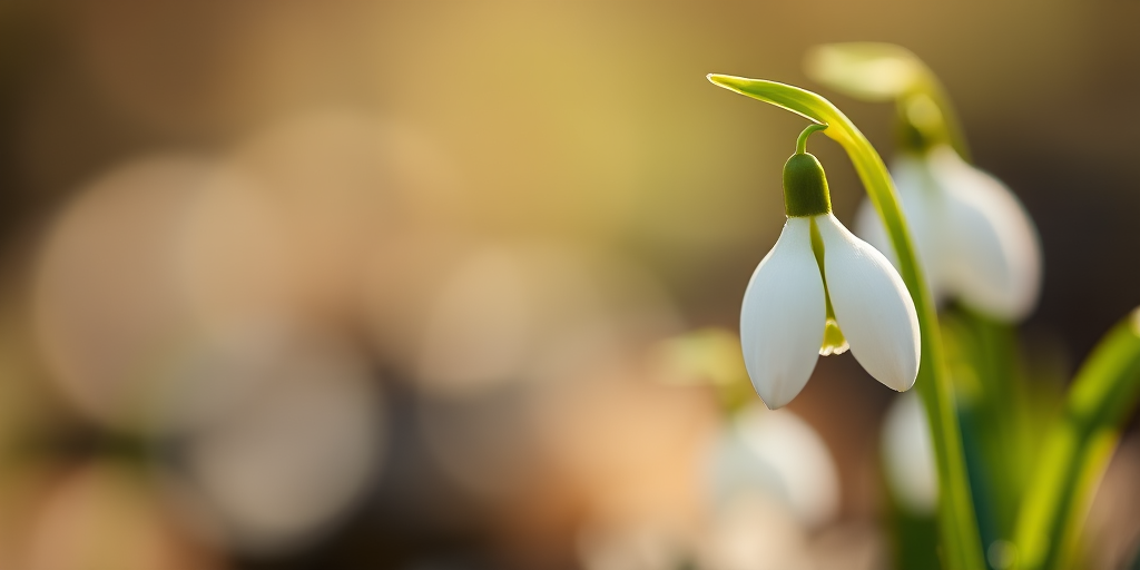 a close-up photograph of a snowdrop flower, soft focus background, natural light; camera settings: aperture f/2.8, shutter speed 1/200s, ISO 100; camera view: macro; camera style: realistic; camera type: DSLR