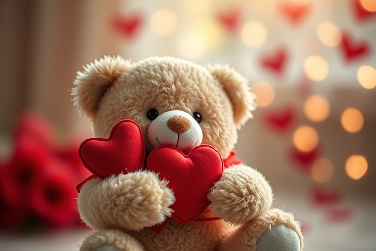Teddy bear holding hearts in a softly lit setting, shallow depth of field, f/2.8 aperture, 50mm lens, ISO 200, natural light, portrait view, DSLR camera.