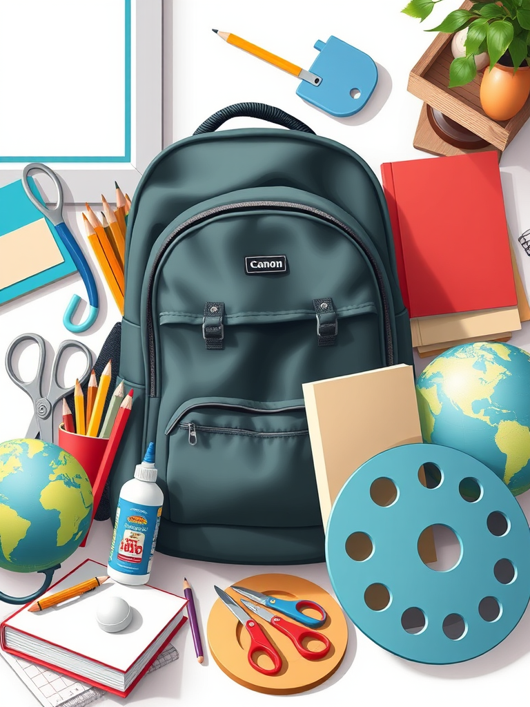 Create a detailed flat lay illustration of school supplies including a backpack, books, scissors, glue, a globe, an abacus, and a palette, using a Canon EOS R5, f/8 aperture, ISO 100, 50mm lens, natural lighting from a window, maintaining a clean and organized layout.