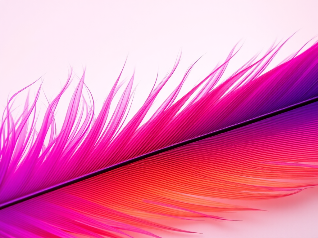 create a vibrant and colorful feather with a gradient of purple, pink, and orange tones set against a soft pastel background, shot with a Canon EOS R5 using a 50mm f/1.2 lens, aperture set to f/2.8, ISO 100, with natural soft lighting to enhance texture and detail
