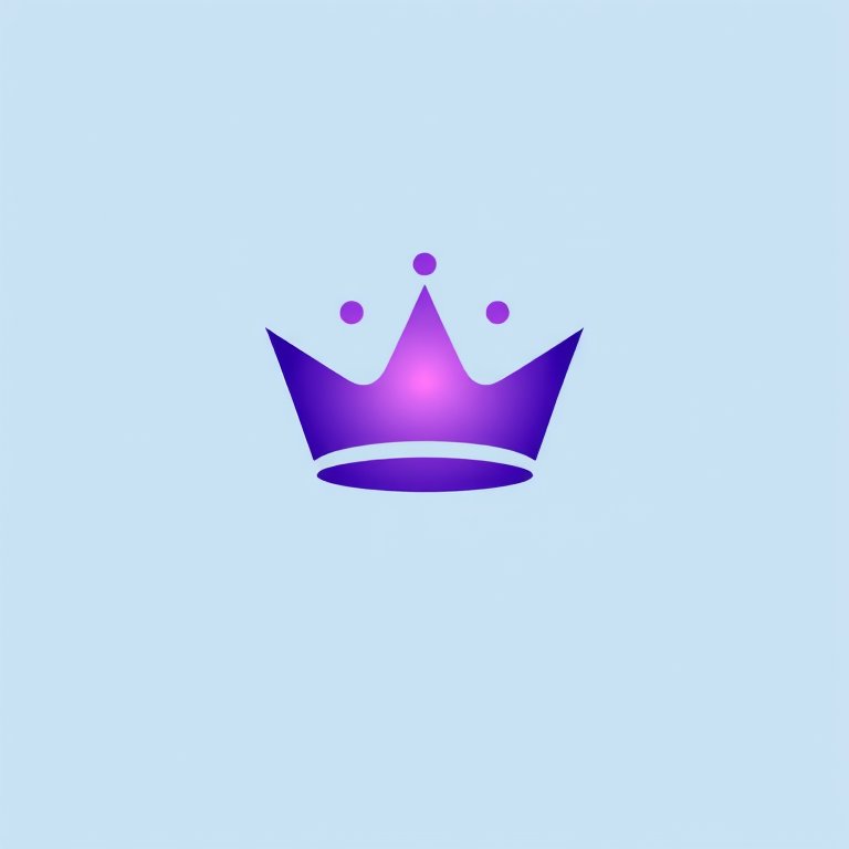 Create a minimalist logo featuring a stylized crown with a gradient of purple shades, white highlights, and a soft blue background, captured with a Canon EOS R5 at f/4, ISO 100, 35mm lens, in soft natural lighting for enhanced clarity and depth.