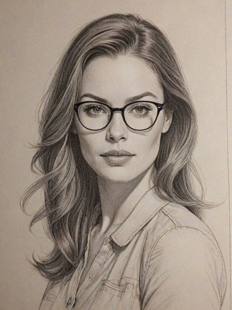 Ravishing Kaitlyn Black, pencil sketch, portrait of Wonderful woman 1976s in glasses, hair style beatnik, outline, clear lines, fine lines, 8k