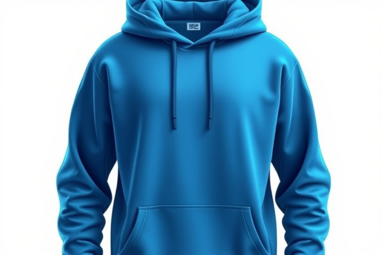 Create a high-quality vector illustration of a blue hoodie with a gradient effect, using a Canon EOS R5, f/2.8 aperture, ISO 100, and a 50mm lens, with a front view to enhance details and texture.