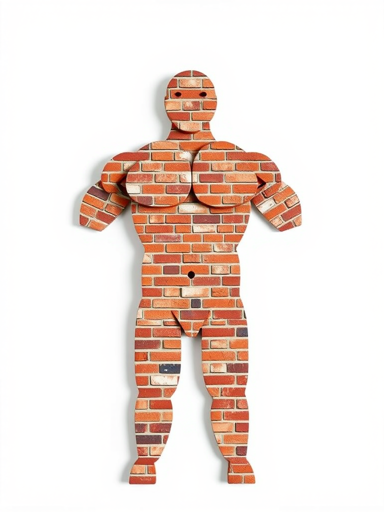 Create an image of a muscular figure made up of brick patterns, with a white background, captured in high resolution using a DSLR camera set to f/2.8, ISO 100, and a focal length of 50mm, shot from a front view with a soft focus effect.