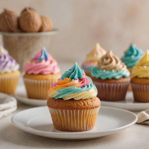 Close-up of a delicate cupcake decorated with colorful frosting, soft natural light highlighting the details, with a plate of assorted desserts softly blurred in the background.