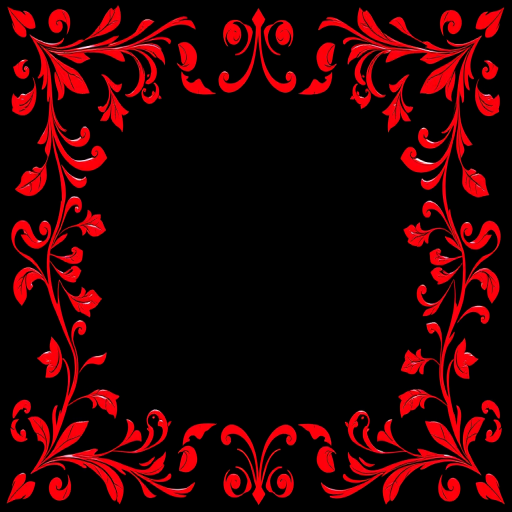 Create a vibrant image of an intricate red decorative border with flowing leaf patterns on a black background, captured with a DSLR camera, using a 50mm lens, f/2.8 aperture, ISO 100, and soft lighting for enhanced detail and contrast.