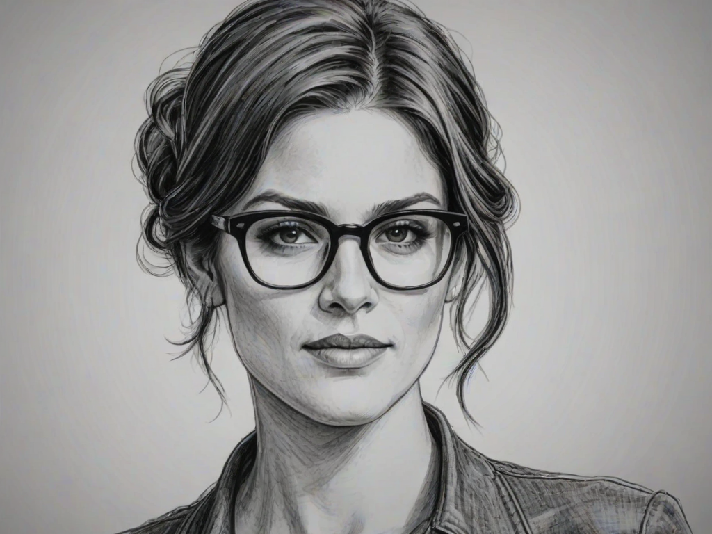 Alluring Missy Peregrym, pencil sketch, portrait of Pleasing woman 1927s in glasses, hair style beatnik, outline, clear lines, fine lines, 8k