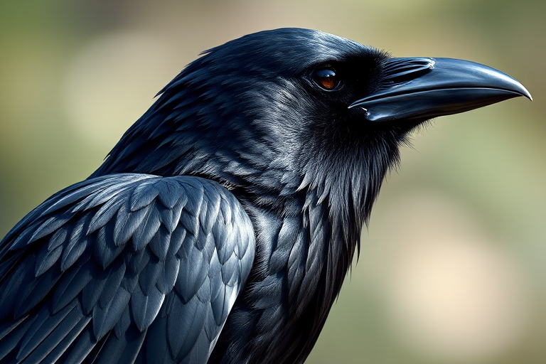 Create a highly detailed illustration of a raven in a side view, using a DSLR camera with a 50mm lens, aperture set to f/1.8 for shallow depth of field, ISO at 100 for clarity, with natural lighting to enhance contrast and texture in the feathers, focusing on intricate line work and shading for a striking effect.
