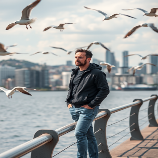 Regenerate an image of a man standing by a railing with seagulls flying around him, over a waterfront cityscape in the background, captured with a DSLR camera, 50mm lens, f/1.8 aperture, ISO 200, 1/500s shutter speed, natural daylight, wide angle view.
