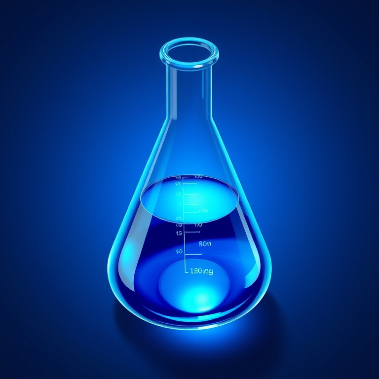 create a highly detailed illustration of a blue laboratory flask, use soft lighting for a smooth finish, shot at f/4 aperture, ISO 100, 24mm lens, top-down camera view for clarity and depth, digital art style for vibrant colors and sharp edges