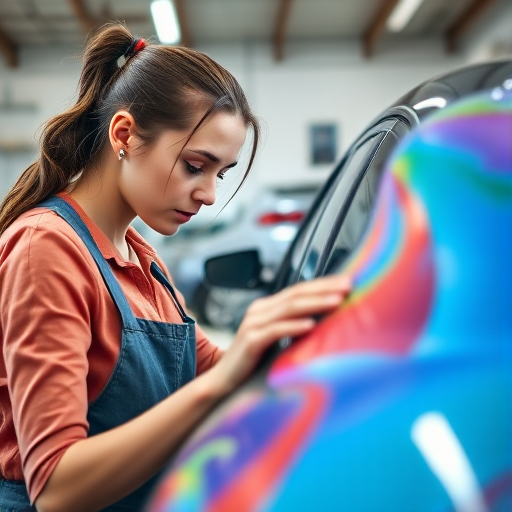 A young woman applying a colorful vinyl wrap to a car in an auto shop, close-up shot, natural lighting, 50mm lens, aperture f/2.8, ISO 200, high detail, shallow depth of field.
