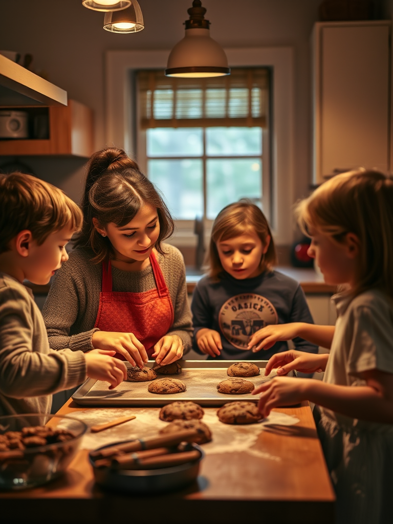 Warm, softly lit image of a grandmother teaching her grandchildren to bake cookies in a cozy kitchen, soft glow from the oven casting warm shadows, with the smell of chocolate and vanilla filling the air.