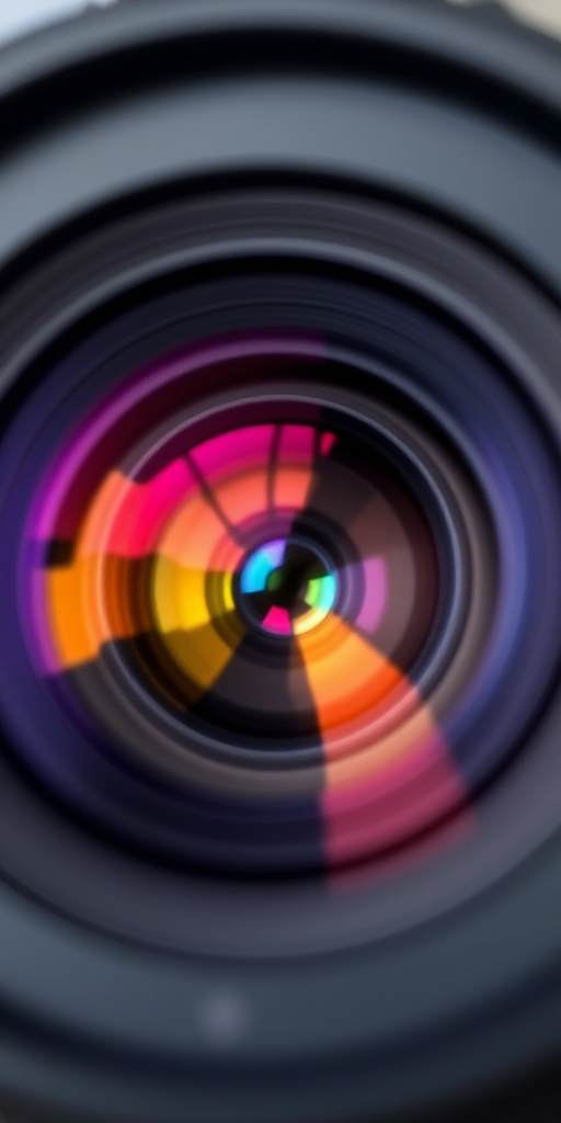 Generate a high-resolution image of a camera lens with detailed reflections, using a 50mm f/1.8 lens with a shallow depth of field, shot at 1/200s shutter speed in natural light, with a focus on the lens coating texture, featuring a vibrant color palette and crisp clarity.