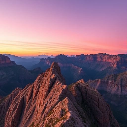 Generate a high-resolution landscape image of rugged mountains at sunset with soft purple and orange hues in the sky, using a Canon EOS 5D Mark IV camera, ISO 100, aperture f/11, shutter speed 1/200s, taken from a low angle to enhance depth and texture, with a focus on vibrant colors and clear details.