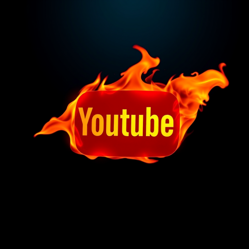 Generate an image of a glowing YouTube logo engulfed in vibrant flames against a dark gradient background, using a Canon EOS R5 camera with a 50mm lens at f/1.8, ISO 100, and a 1/200s shutter speed, in a high dynamic range style to enhance color depth and detail.