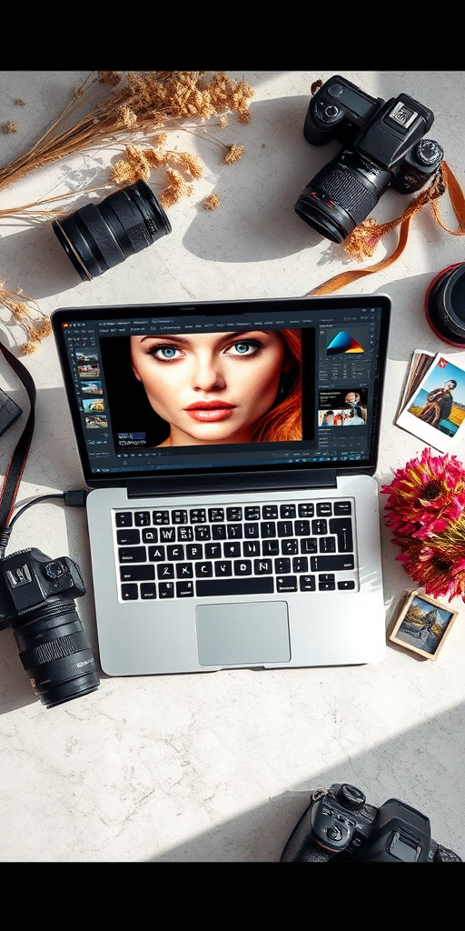 Create a high-resolution image of a workspace featuring a silver laptop displaying a portrait photo editing software with a close-up of a woman's face, surrounded by photography equipment including a DSLR camera, memory cards, printed photos, and dried flowers, shot in natural light with a 50mm lens at f/1.8, ISO 200, and a top-down view for an artistic perspective.
