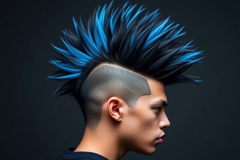 Dramatic jet-black mohawk with electric blue tips, styled in an edgy, gravity-defying fashion, radiating rebellious energy, dubbed "Midnight Rebel"