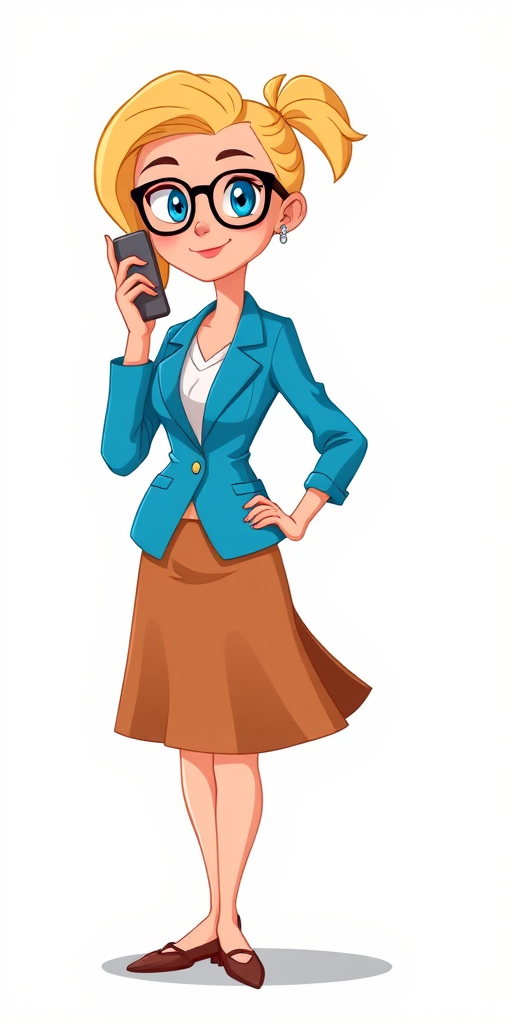 Create a vibrant cartoon character of a young woman with blonde hair wearing a blue blazer and brown skirt, holding an old mobile phone, standing confidently with one hand on her hip, use a bright color palette with a clear background, shot with a DSLR camera, 50mm lens, f/2.8 aperture, 1/125s shutter speed, and ISO 100 for crisp details.