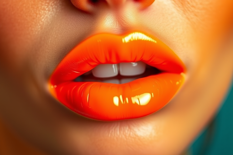 Electric neon orange lips with a high-shine vinyl finish and ultra-pigmented color, dubbed "Citrus Shock Lacquer"