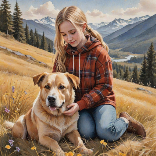 A detailed watercolor and acrylic illustration showing a heartwarming scene between a young blonde girl in pigtails and a Bearnaise Mountain dog. The girl, dressed in a rust hoodie, jeans, and a plaid scarf, gently rests her hand on the dog’s head. The dog, with black, copper, and white fur, sits beside her, tilting its head in affection. They sit on golden grass with wildflowers, against a sunny fall background. The artwork focuses on realistic textures and the tender bond between them.