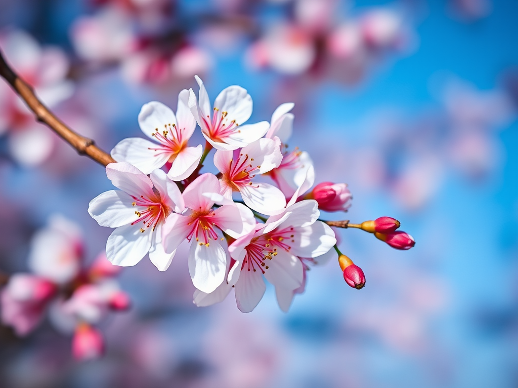 macro shot of blooming cherry blossoms on a branch with a blurred background, ISO 100, aperture f/2.8, shutter speed 1/500s, 50mm lens, natural light, DSLR camera