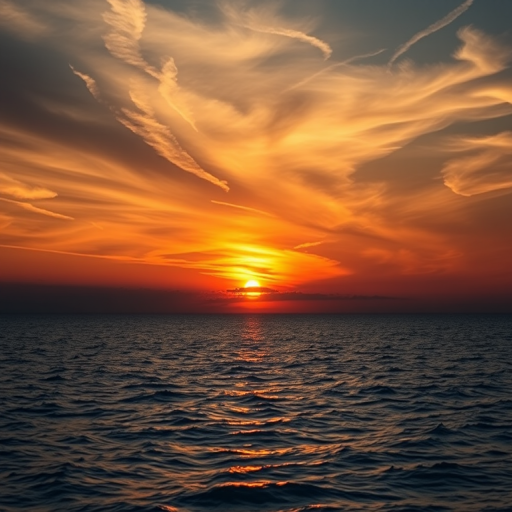 sunset over calm water with swirling clouds in the sky, captured with a DSLR camera, 35mm lens, f/8 aperture, ISO 100, wide-angle view, natural lighting, high dynamic range for enhanced detail